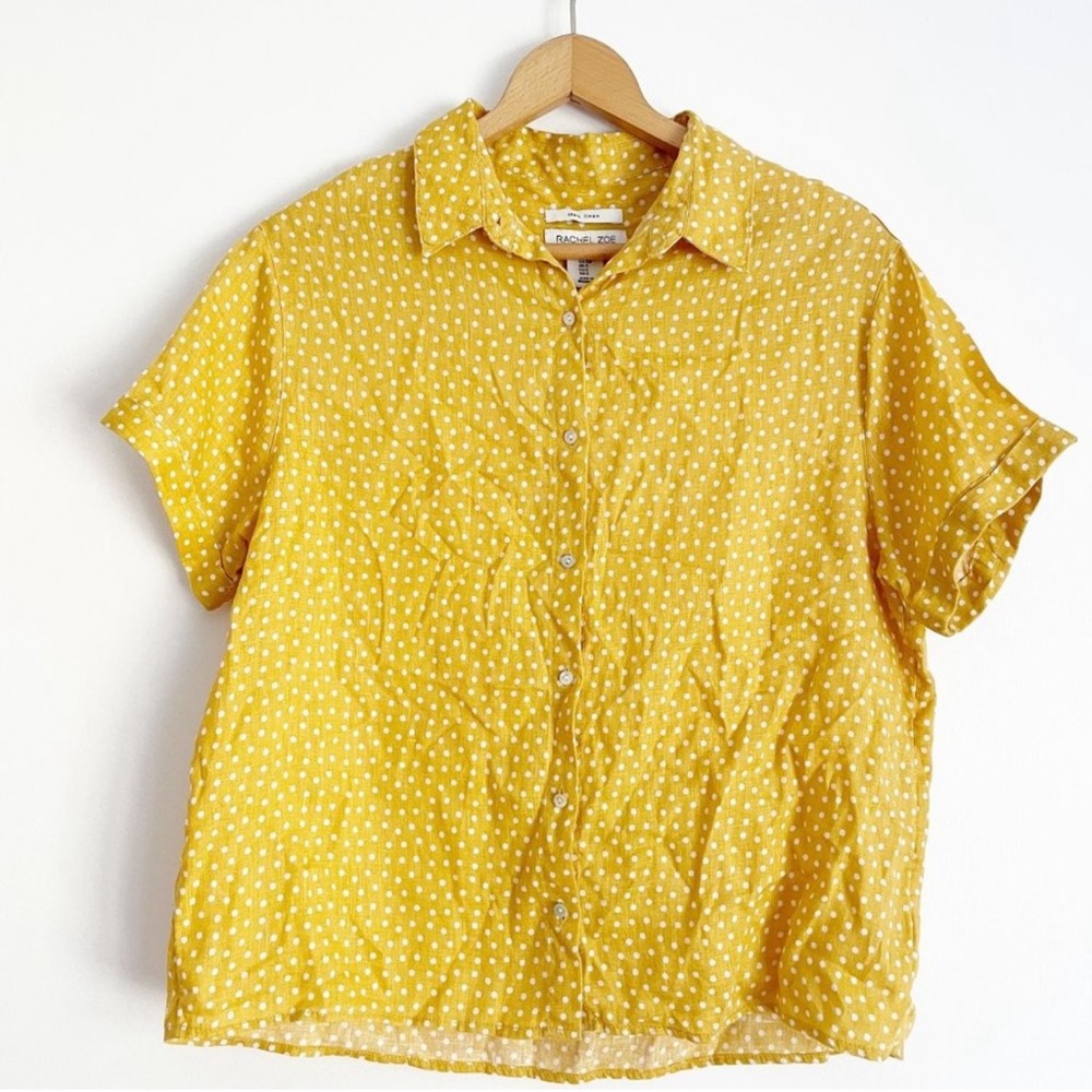 RACHEL ZOE Yellow White Polka Dot Short Sleeve Button Down Linen Top, Small